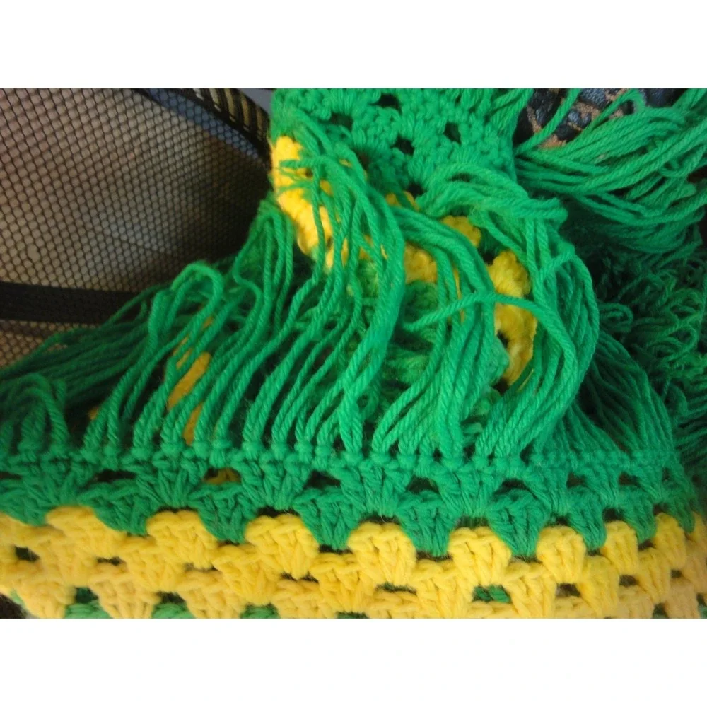 Vintage Crochet‎ green yellow grey Granny Afghan Blanket Throw approx 66x69